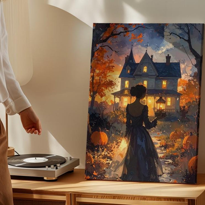 Lantern Lady & Victorian House Canvas – Enchanted Halloween Storybook Art - Gifitto