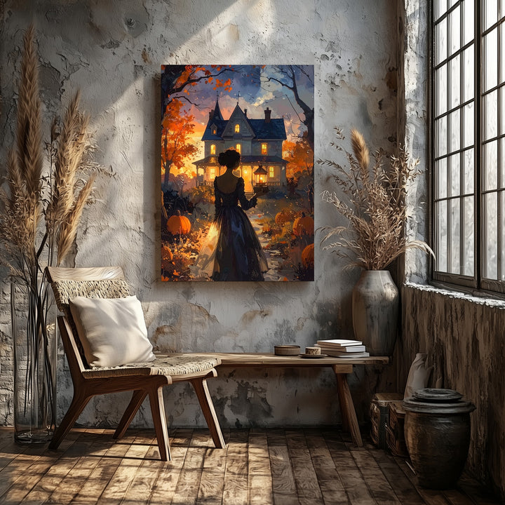 Lantern Lady & Victorian House Canvas – Enchanted Halloween Storybook Art - Gifitto