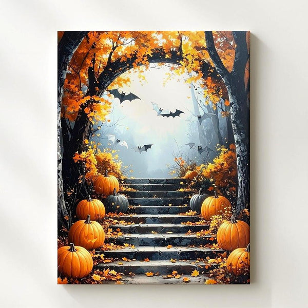 Pumpkin-Lit Forest Stairway Canvas – Autumn Magic & Halloween Charm - Gifitto
