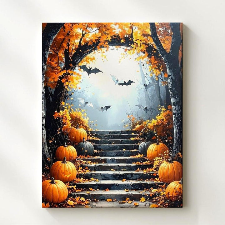 Pumpkin-Lit Forest Stairway Canvas – Autumn Magic & Halloween Charm - Gifitto