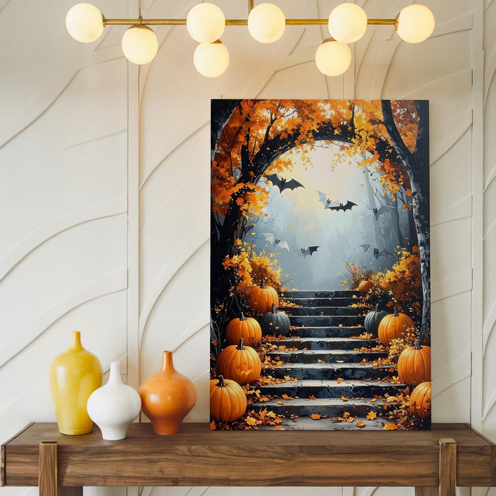 Pumpkin-Lit Forest Stairway Canvas – Autumn Magic & Halloween Charm - Gifitto