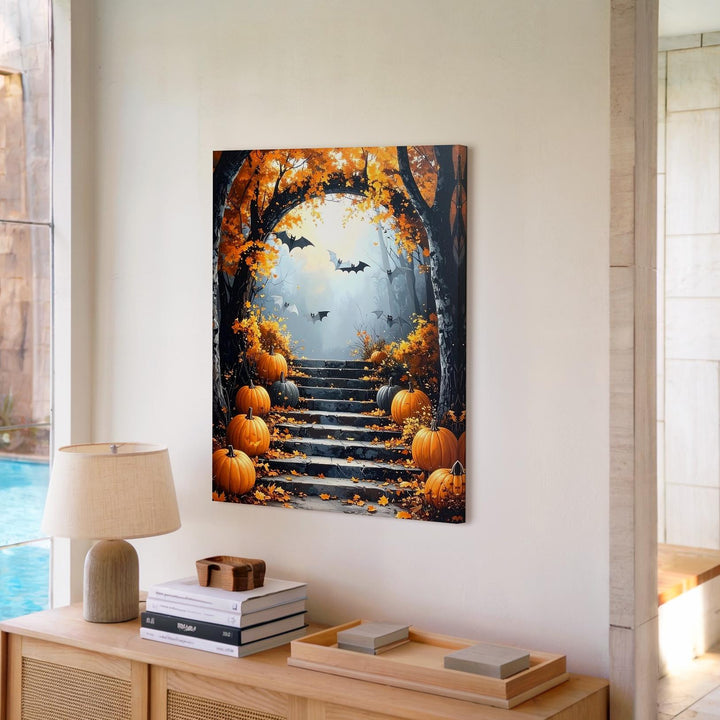Pumpkin-Lit Forest Stairway Canvas – Autumn Magic & Halloween Charm - Gifitto