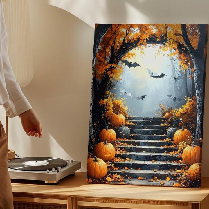 Pumpkin-Lit Forest Stairway Canvas – Autumn Magic & Halloween Charm - Gifitto