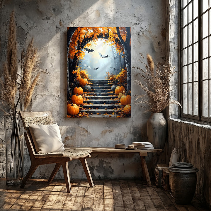 Pumpkin-Lit Forest Stairway Canvas – Autumn Magic & Halloween Charm - Gifitto