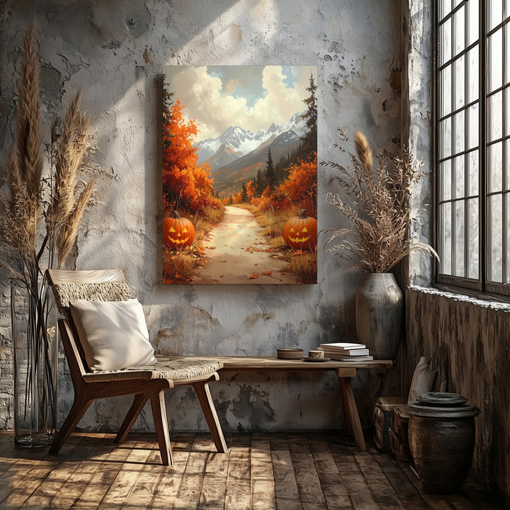 Autumn Mountain Trail Canvas – Jack-O'-Lantern Path with Fall Foliage & Halloween Charm - Gifitto