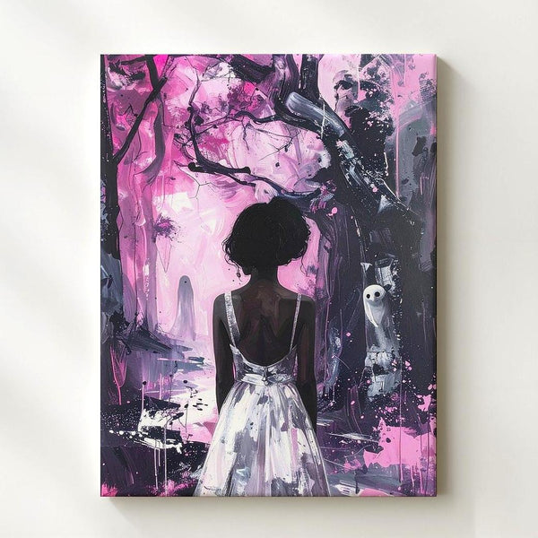 Dreamlike Ghost Encounter Canvas – Pink & Black Forest Halloween Art - Gifitto