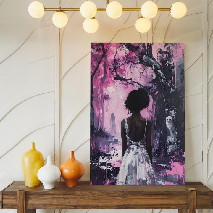 Dreamlike Ghost Encounter Canvas – Pink & Black Forest Halloween Art - Gifitto