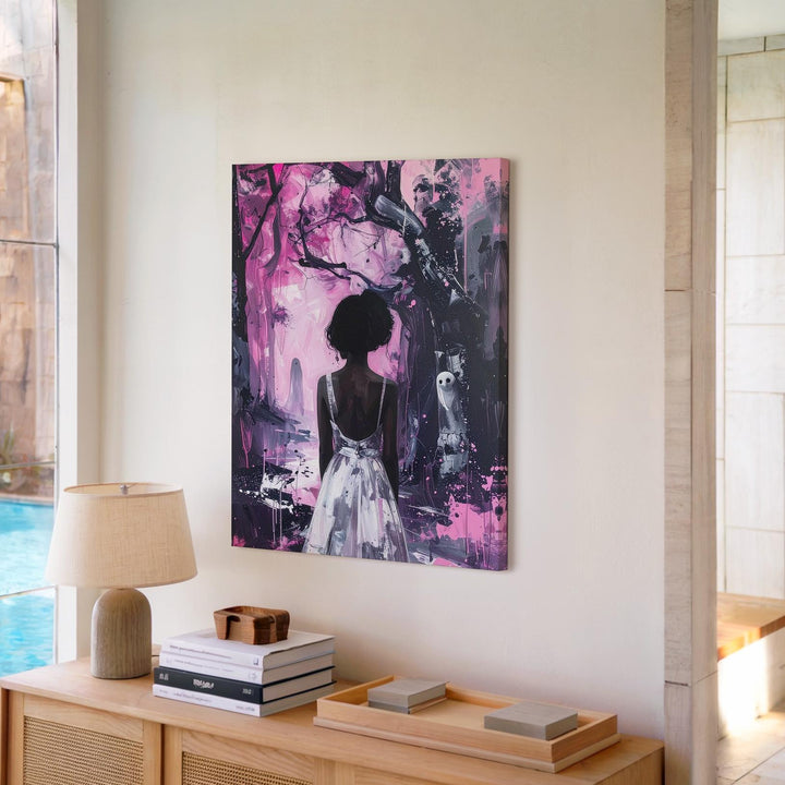 Dreamlike Ghost Encounter Canvas – Pink & Black Forest Halloween Art - Gifitto