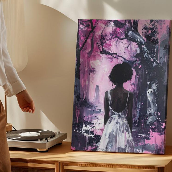 Dreamlike Ghost Encounter Canvas – Pink & Black Forest Halloween Art - Gifitto