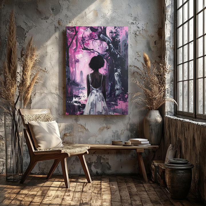 Dreamlike Ghost Encounter Canvas – Pink & Black Forest Halloween Art - Gifitto