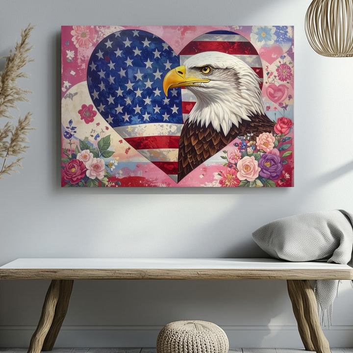 Eagle & Heart Flag Collage Canvas – Romantic Patriotic Symbolism Wall Art - Gifitto