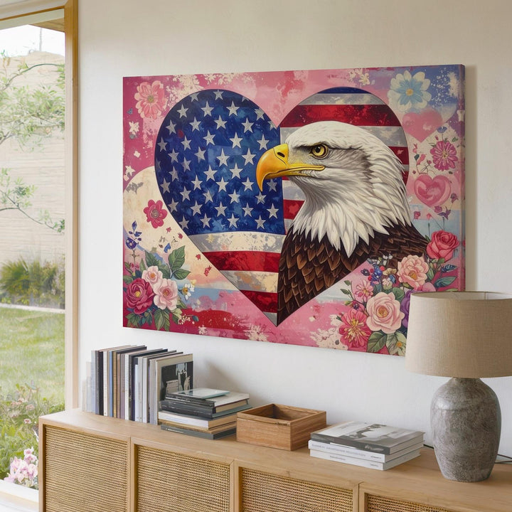 Eagle & Heart Flag Collage Canvas – Romantic Patriotic Symbolism Wall Art - Gifitto
