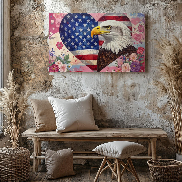 Eagle & Heart Flag Collage Canvas – Romantic Patriotic Symbolism Wall Art - Gifitto