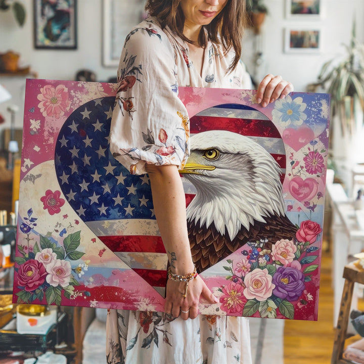 Eagle & Heart Flag Collage Canvas – Romantic Patriotic Symbolism Wall Art - Gifitto