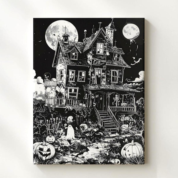 Haunted House Line Art Canvas – Whimsical Gothic Halloween Illustration - Gifitto