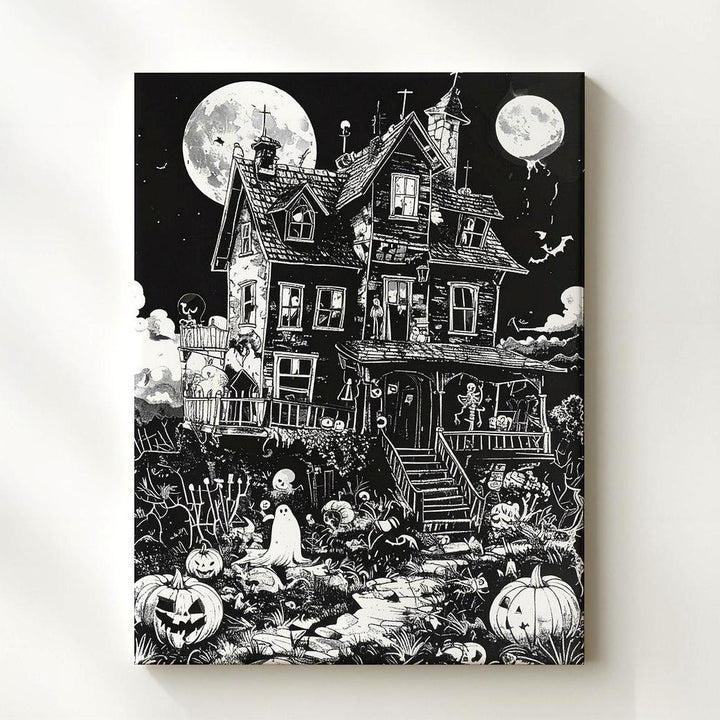 Haunted House Line Art Canvas – Whimsical Gothic Halloween Illustration - Gifitto