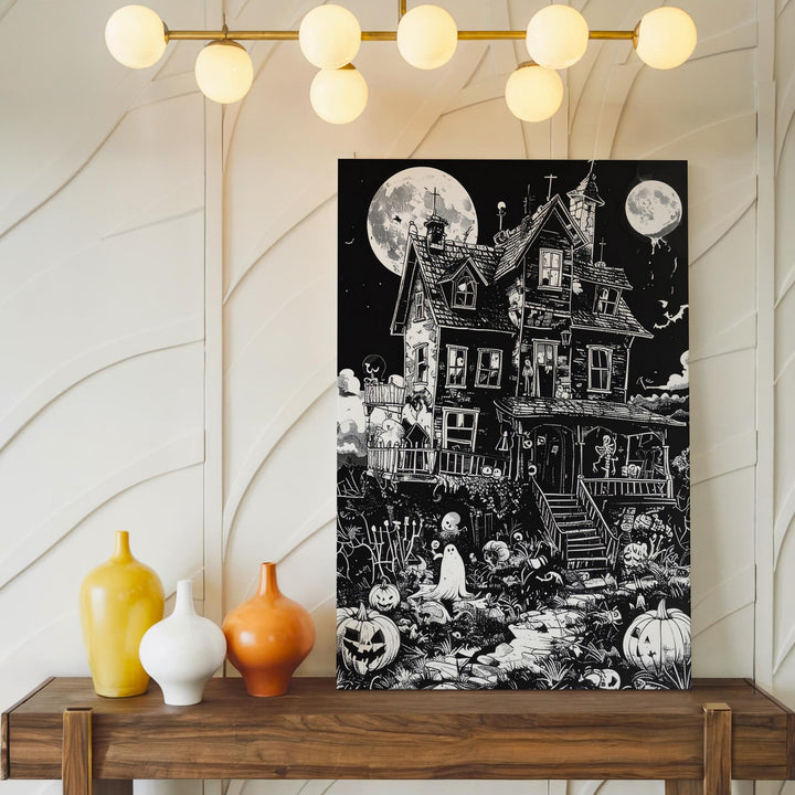 Haunted House Line Art Canvas – Whimsical Gothic Halloween Illustration - Gifitto