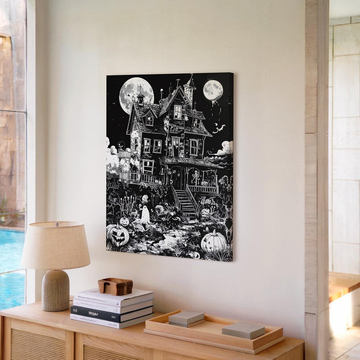 Haunted House Line Art Canvas – Whimsical Gothic Halloween Illustration - Gifitto