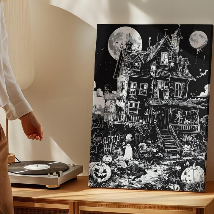 Haunted House Line Art Canvas – Whimsical Gothic Halloween Illustration - Gifitto