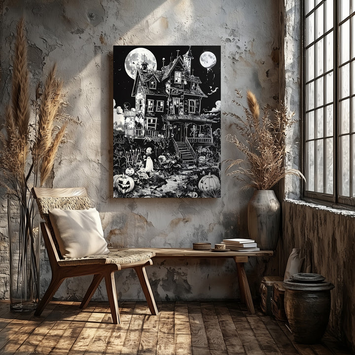 Haunted House Line Art Canvas – Whimsical Gothic Halloween Illustration - Gifitto