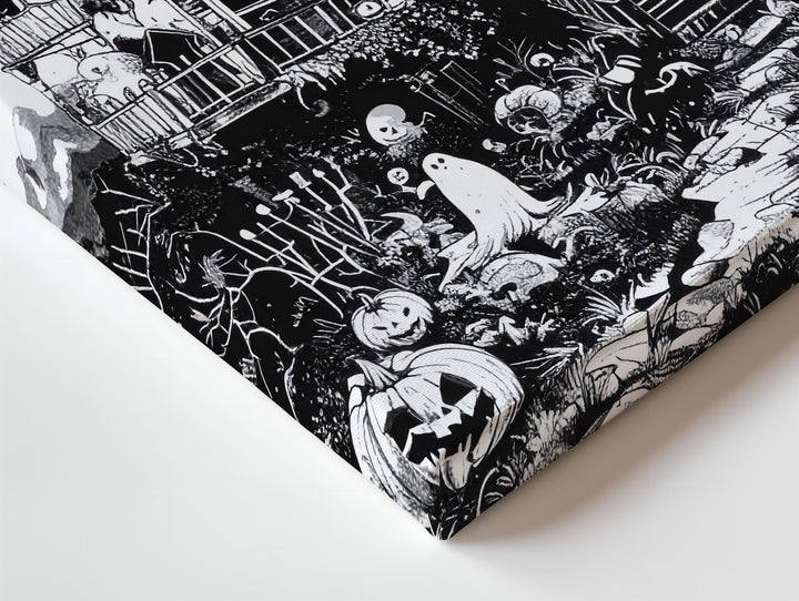 Haunted House Line Art Canvas – Whimsical Gothic Halloween Illustration - Gifitto