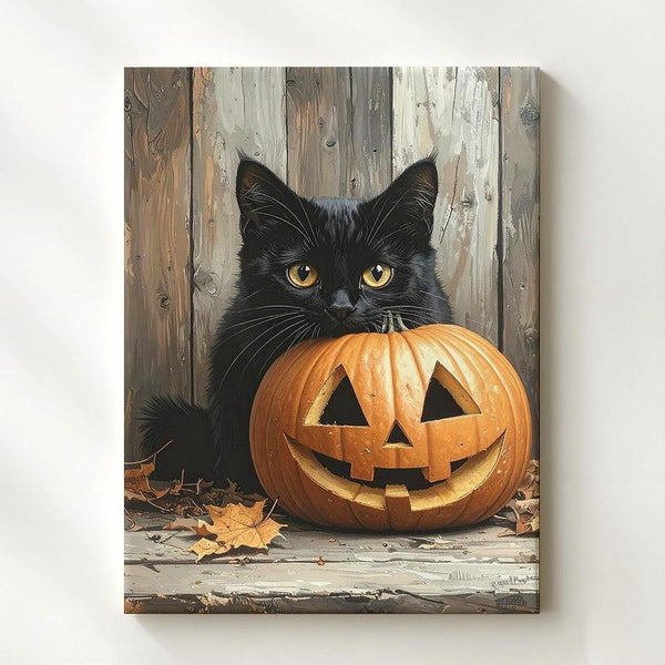 Hidden Halloween Cat Canvas – Carved Pumpkin & Autumn Still Life Vignette - Gifitto