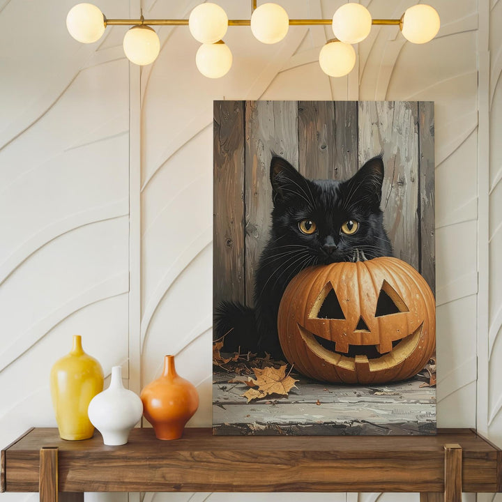 Hidden Halloween Cat Canvas – Carved Pumpkin & Autumn Still Life Vignette - Gifitto