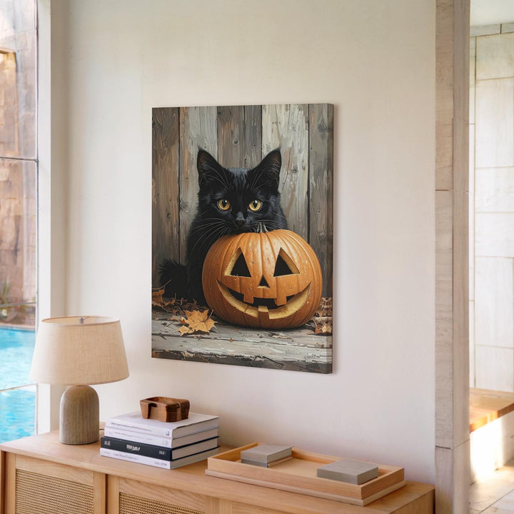 Hidden Halloween Cat Canvas – Carved Pumpkin & Autumn Still Life Vignette - Gifitto
