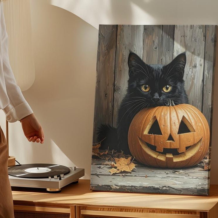 Hidden Halloween Cat Canvas – Carved Pumpkin & Autumn Still Life Vignette - Gifitto