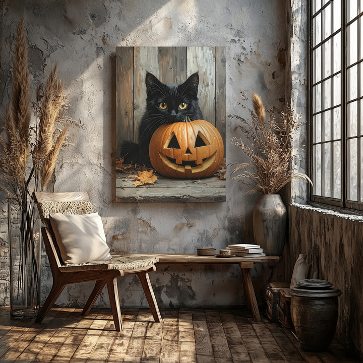 Hidden Halloween Cat Canvas – Carved Pumpkin & Autumn Still Life Vignette - Gifitto