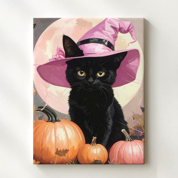 Black Cat & Pumpkins Canvas – Minimal Halloween Art with Pink Witch Hat - Gifitto