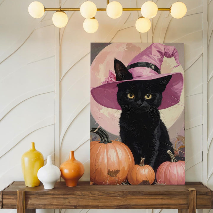 Black Cat & Pumpkins Canvas – Minimal Halloween Art with Pink Witch Hat - Gifitto