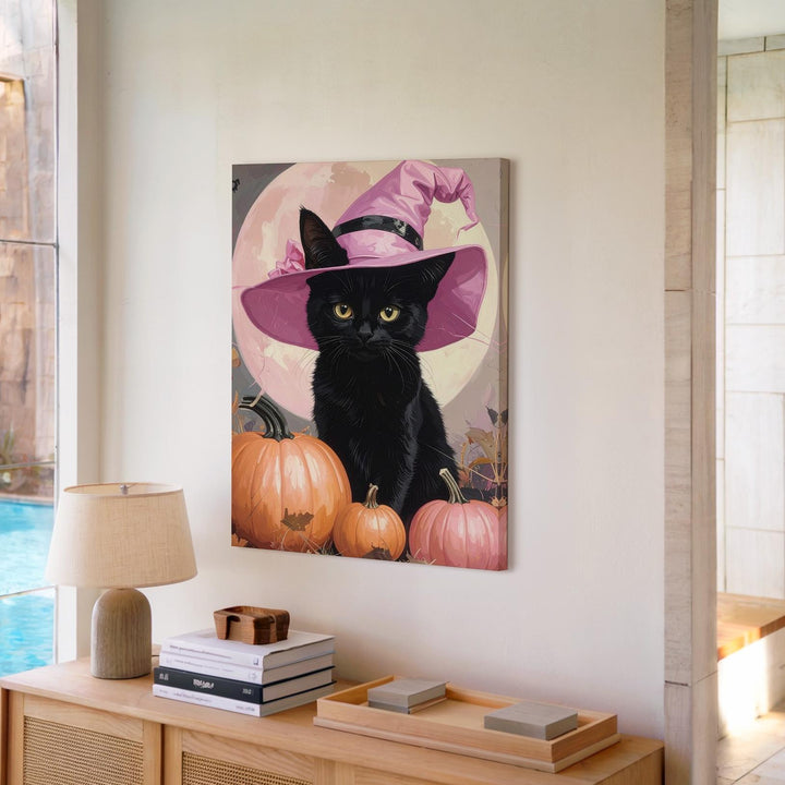Black Cat & Pumpkins Canvas – Minimal Halloween Art with Pink Witch Hat - Gifitto