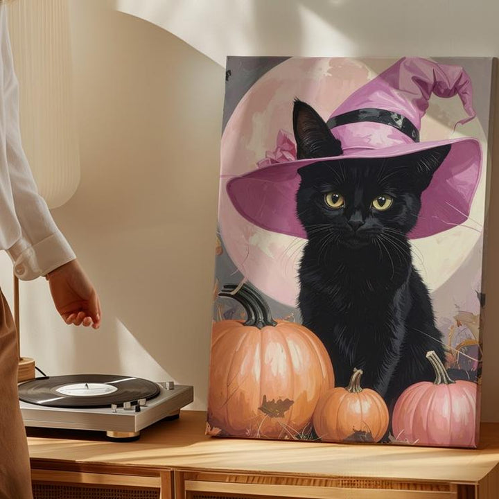 Black Cat & Pumpkins Canvas – Minimal Halloween Art with Pink Witch Hat - Gifitto