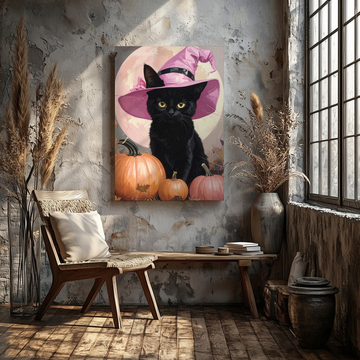 Black Cat & Pumpkins Canvas – Minimal Halloween Art with Pink Witch Hat - Gifitto
