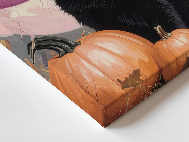 Black Cat & Pumpkins Canvas – Minimal Halloween Art with Pink Witch Hat - Gifitto