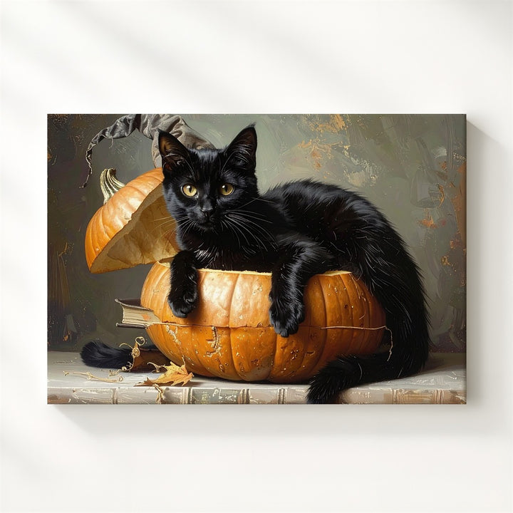 Cozy Black Cat in Pumpkin Canvas – Whimsical Autumn Halloween Wall Art - Gifitto