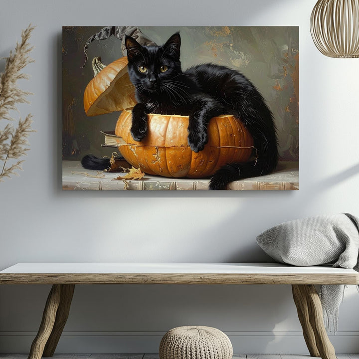 Cozy Black Cat in Pumpkin Canvas – Whimsical Autumn Halloween Wall Art - Gifitto