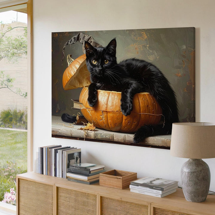 Cozy Black Cat in Pumpkin Canvas – Whimsical Autumn Halloween Wall Art - Gifitto