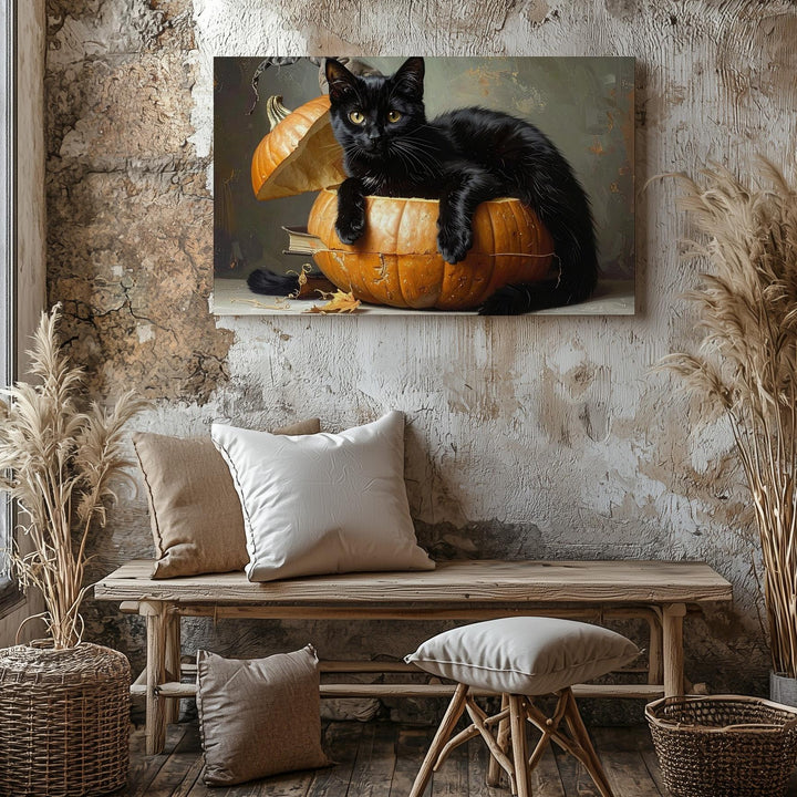 Cozy Black Cat in Pumpkin Canvas – Whimsical Autumn Halloween Wall Art - Gifitto