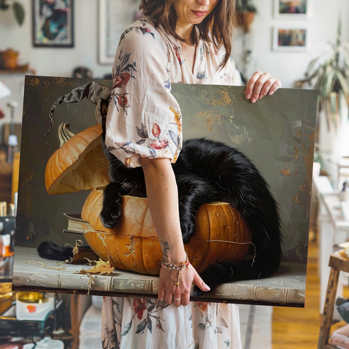 Cozy Black Cat in Pumpkin Canvas – Whimsical Autumn Halloween Wall Art - Gifitto