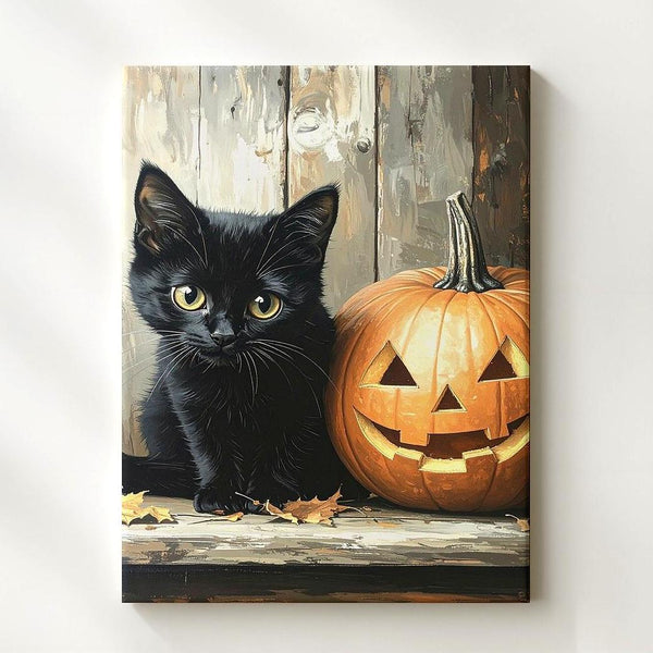 Black Cat & Jack-O'-Lantern Canvas – Intimate Halloween Still Life on Rustic Wood - Gifitto