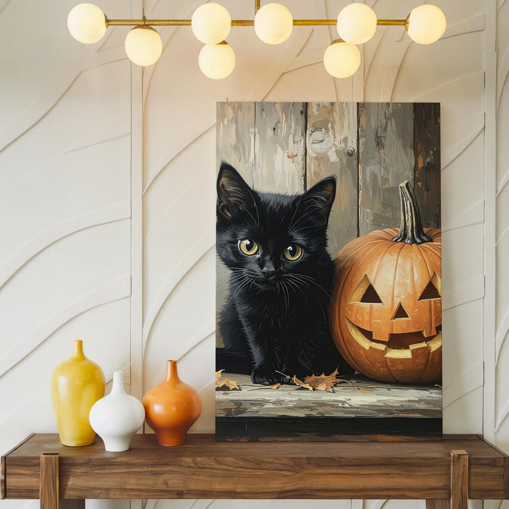 Black Cat & Jack-O'-Lantern Canvas – Intimate Halloween Still Life on Rustic Wood - Gifitto