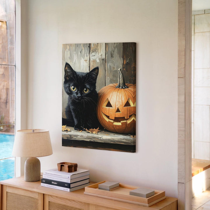 Black Cat & Jack-O'-Lantern Canvas – Intimate Halloween Still Life on Rustic Wood - Gifitto