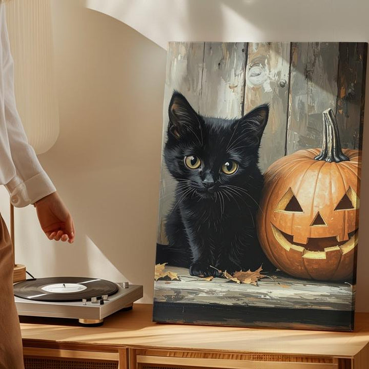 Black Cat & Jack-O'-Lantern Canvas – Intimate Halloween Still Life on Rustic Wood - Gifitto