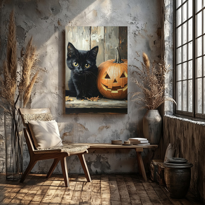 Black Cat & Jack-O'-Lantern Canvas – Intimate Halloween Still Life on Rustic Wood - Gifitto