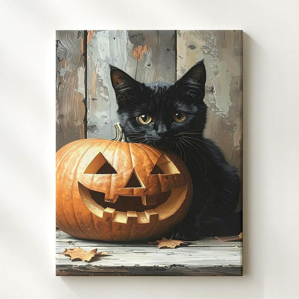 Black Cat & Jack-O'-Lantern Canvas – Moody Halloween Still Life with Rustic Charm - Gifitto