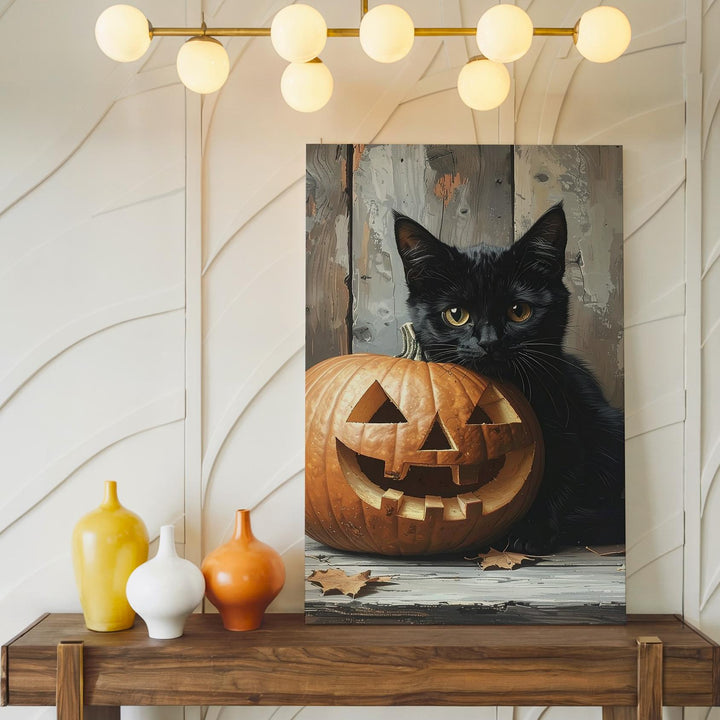 Black Cat & Jack-O'-Lantern Canvas – Moody Halloween Still Life with Rustic Charm - Gifitto