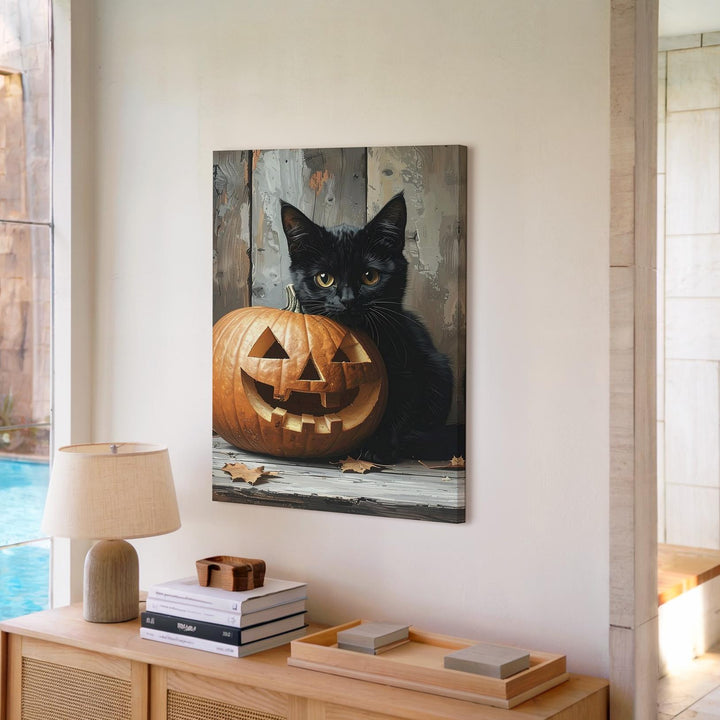 Black Cat & Jack-O'-Lantern Canvas – Moody Halloween Still Life with Rustic Charm - Gifitto