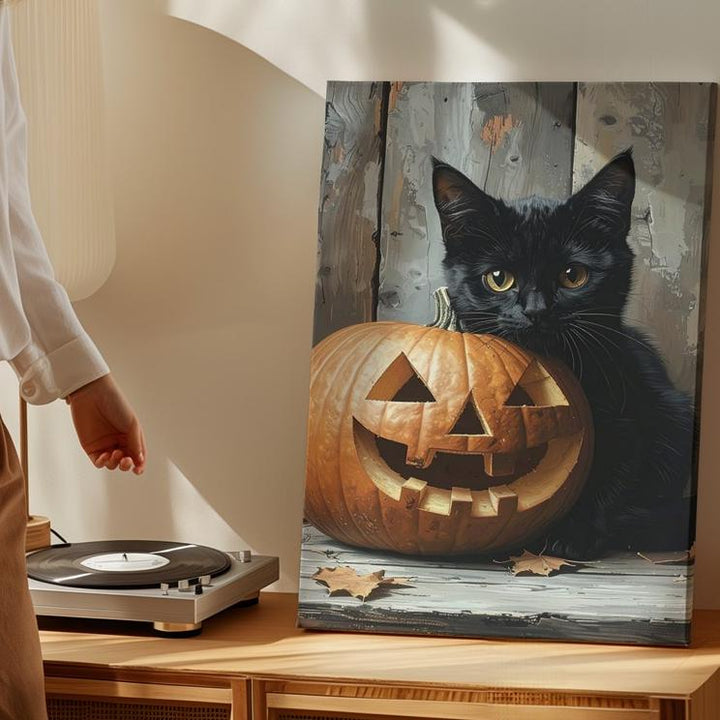 Black Cat & Jack-O'-Lantern Canvas – Moody Halloween Still Life with Rustic Charm - Gifitto